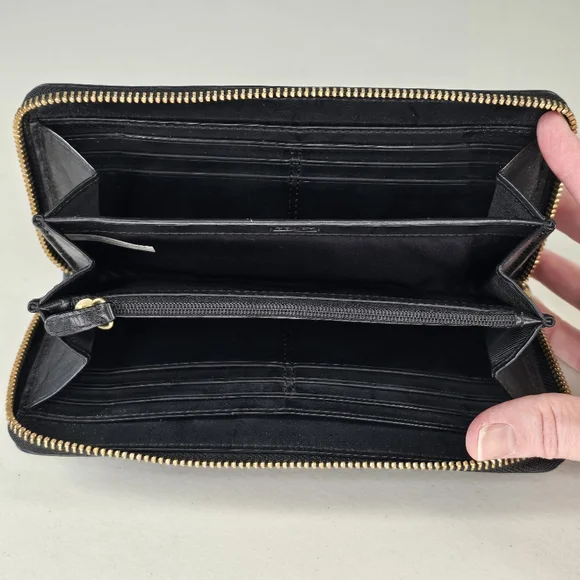 Coach Campbell Black Leather Zip Around Clutch Wallet Gold Hardware - Picture 6 of 8